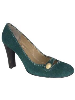 Pazzo Juniper Green Suede Outer Leather Upper Peep Accent 3 1/2' Heel Sz 7M